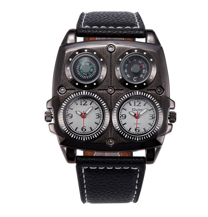 Black wristwatch with multiple dials on a white background