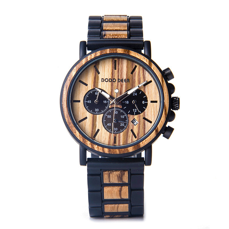 Wooden watch with black accents on a white background