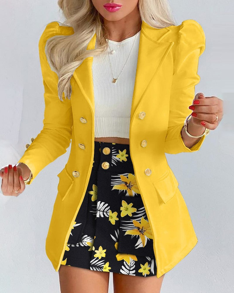 Woman wearing a yellow coat styled with a floral skirt, showcasing Fashion Solid Color Casual Suits Women's.