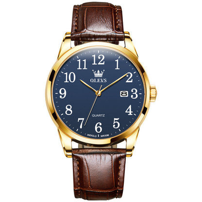 Wristwatch with brown leather strap and gold case on a white background