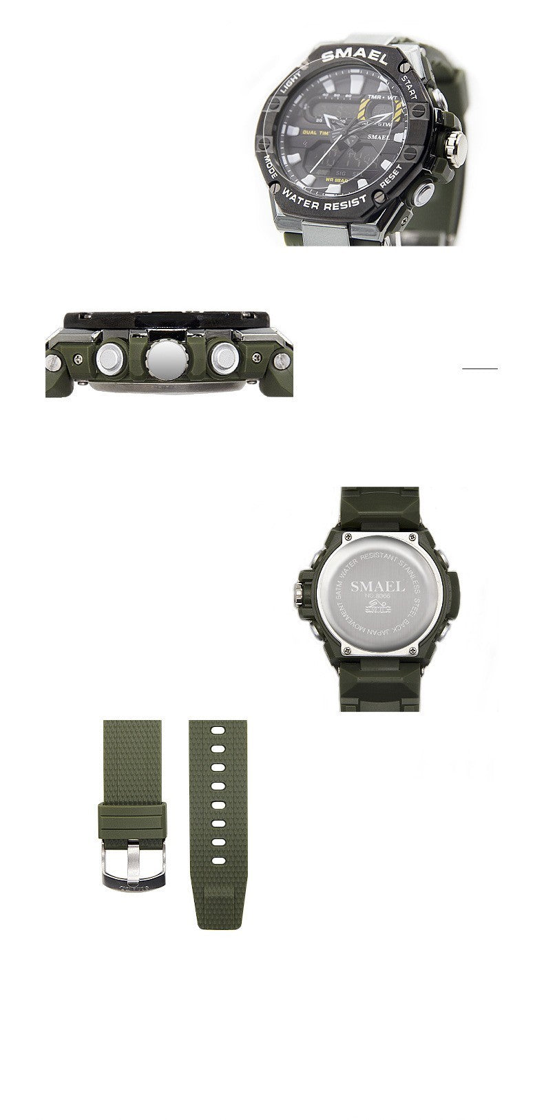 Green watch with interchangeable straps on a white background