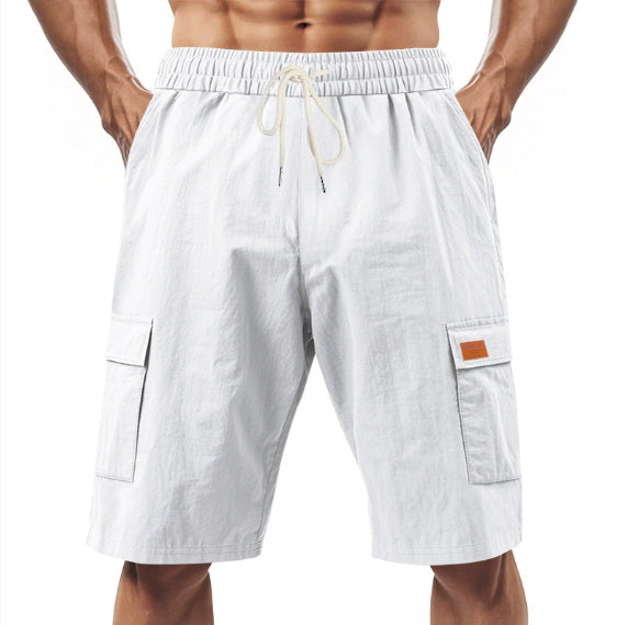 White cargo shorts with a drawstring on a white background