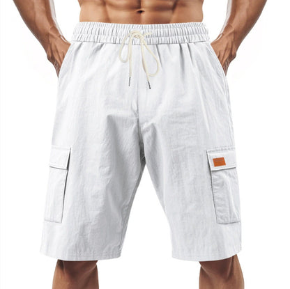 White cargo shorts with a drawstring on a white background
