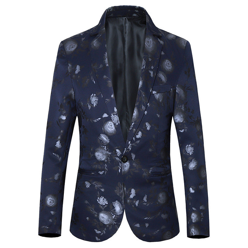 Navy blue blazer with white floral pattern on a white background