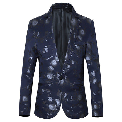 Navy blue blazer with white floral pattern on a white background