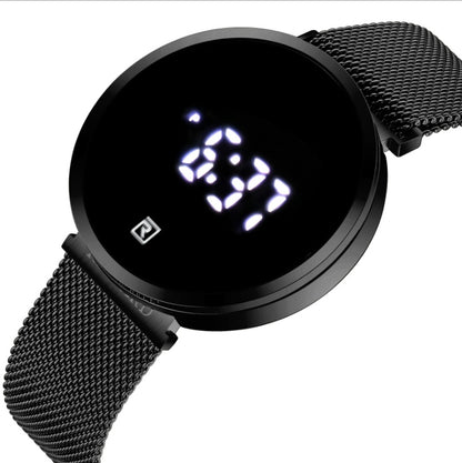 Black digital watch with mesh band on a white background