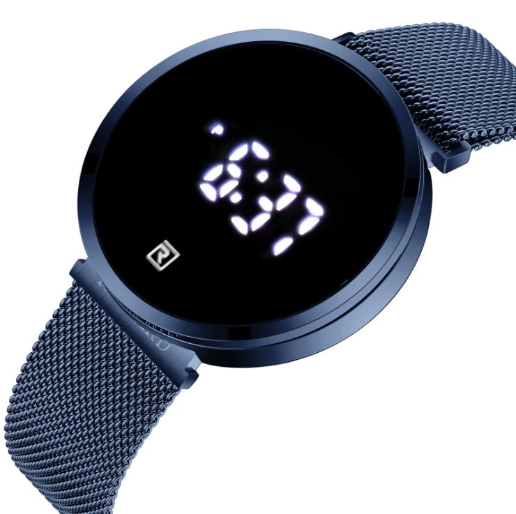 Blue digital watch with a mesh band on a white background