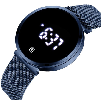 Blue digital watch with a mesh band on a white background