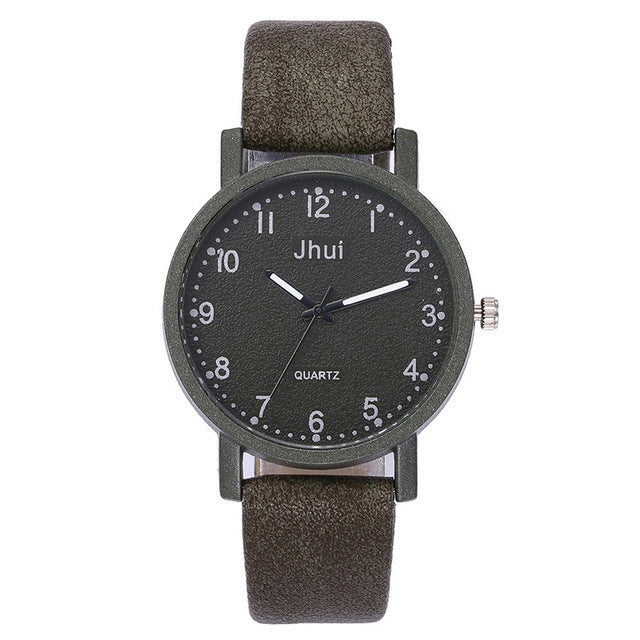 Black wristwatch with 'Jhui' branding on a white background