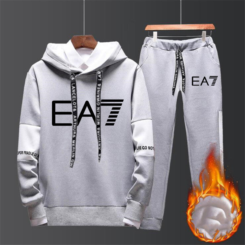 Hoodie and parts set with EA7 branding on the background