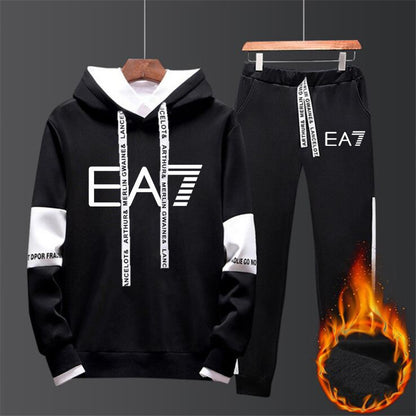 Hoodie and parts set with EA7 branding on the background
