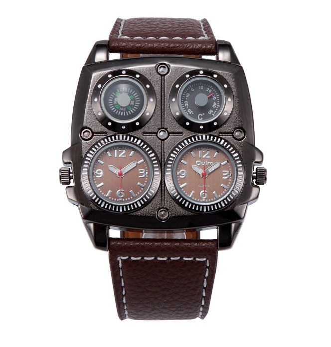 Watch with multiple dials and a brown leather strap on a white background