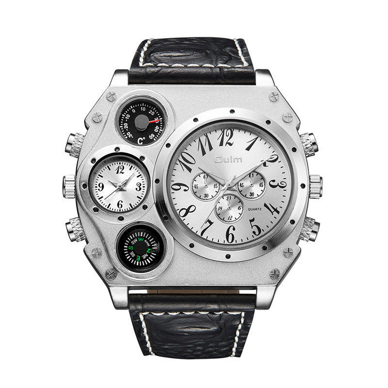 Multifunctional watch with black leather strap and silver case on white background