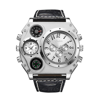 Multifunctional watch with black leather strap and silver case on white background