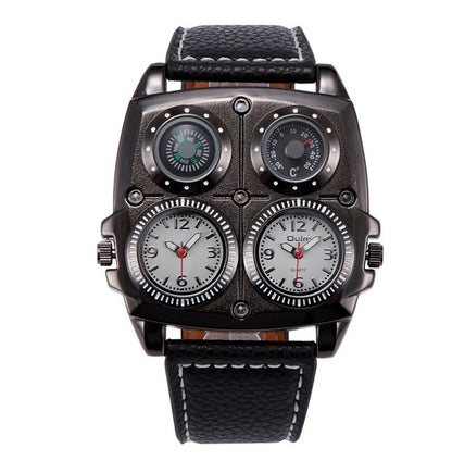Black wristwatch with multiple dials on a white background