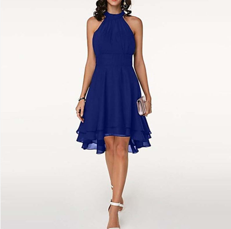 Woman wearing a blue dress on a white background