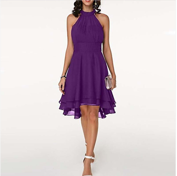 Purple dress worn by a model on a white background