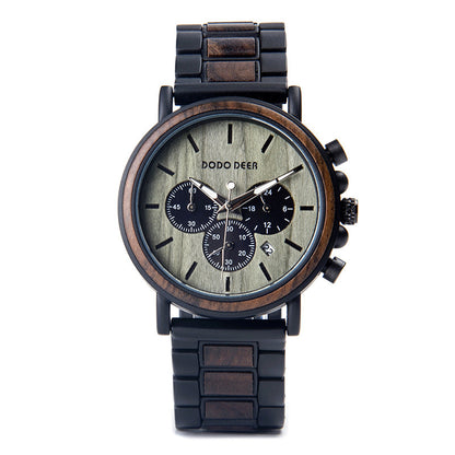 Wooden watch with black strap on a white background