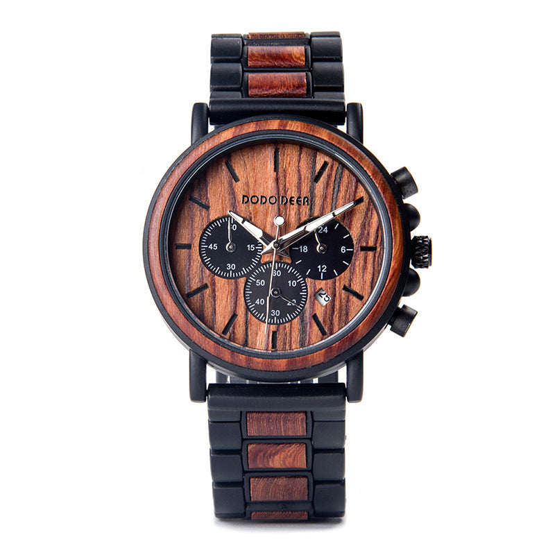 Wooden watch with black accents on a white background