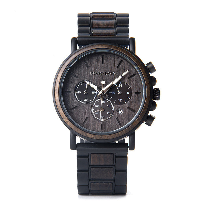 Black wristwatch with wooden accents on a white background