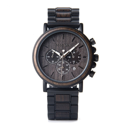 Black wristwatch with wooden accents on a white background