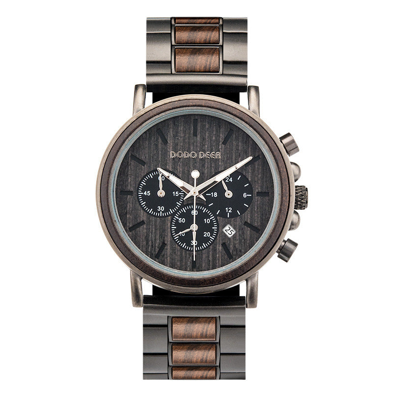 Wristwatch with wooden and metal strap on a white background
