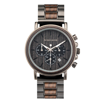 Wristwatch with wooden and metal strap on a white background