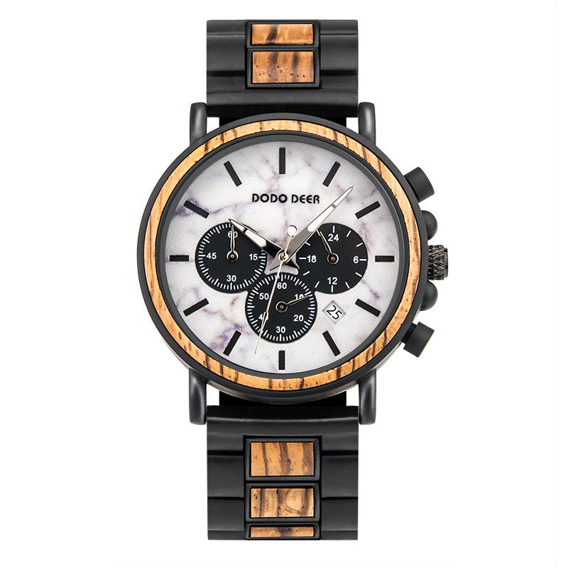 Wristwatch with black and wood accents on a white background