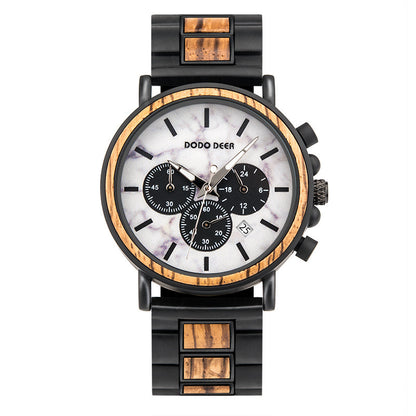 Wristwatch with black and wood accents on a white background