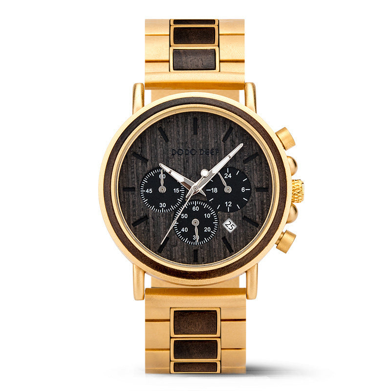 Gold watch with a wooden face on a white background
