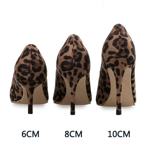 Leopard print high-heeled shoes with heel height labels on a white background