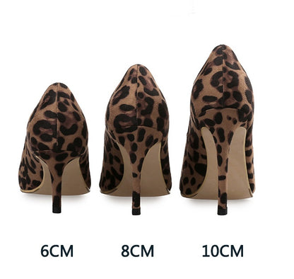 Leopard print high-heeled shoes with heel height labels on a white background