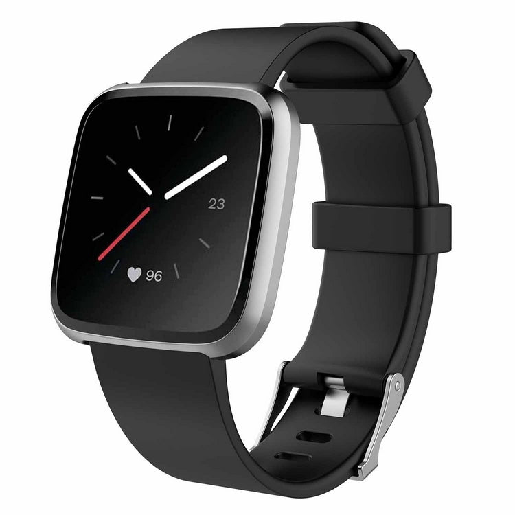Black smartwatch with a black band on a white background