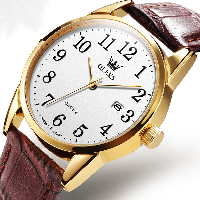 Gold watch with brown leather strap on a white background