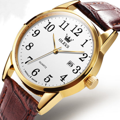 Gold watch with brown leather strap on a white background
