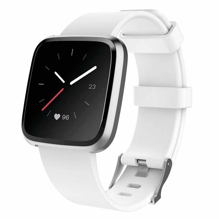 White smartwatch with a black screen on a white background