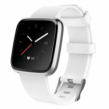 White smartwatch with a black screen on a white background