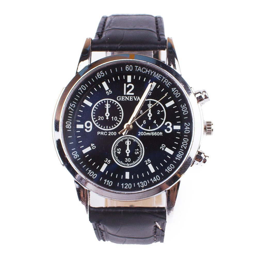 Wristwatch with black leather strap and blue dial on a white background