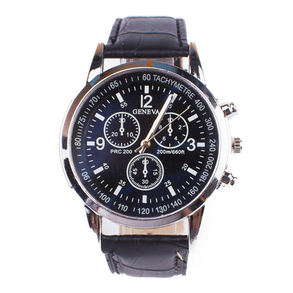 Wristwatch with black leather strap and blue dial on a white background