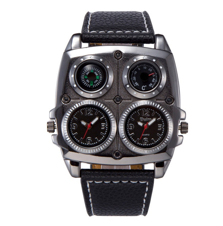 Black wristwatch with multiple dials on a white background