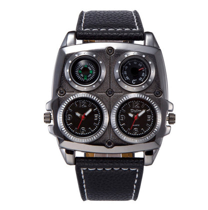 Black wristwatch with multiple dials on a white background