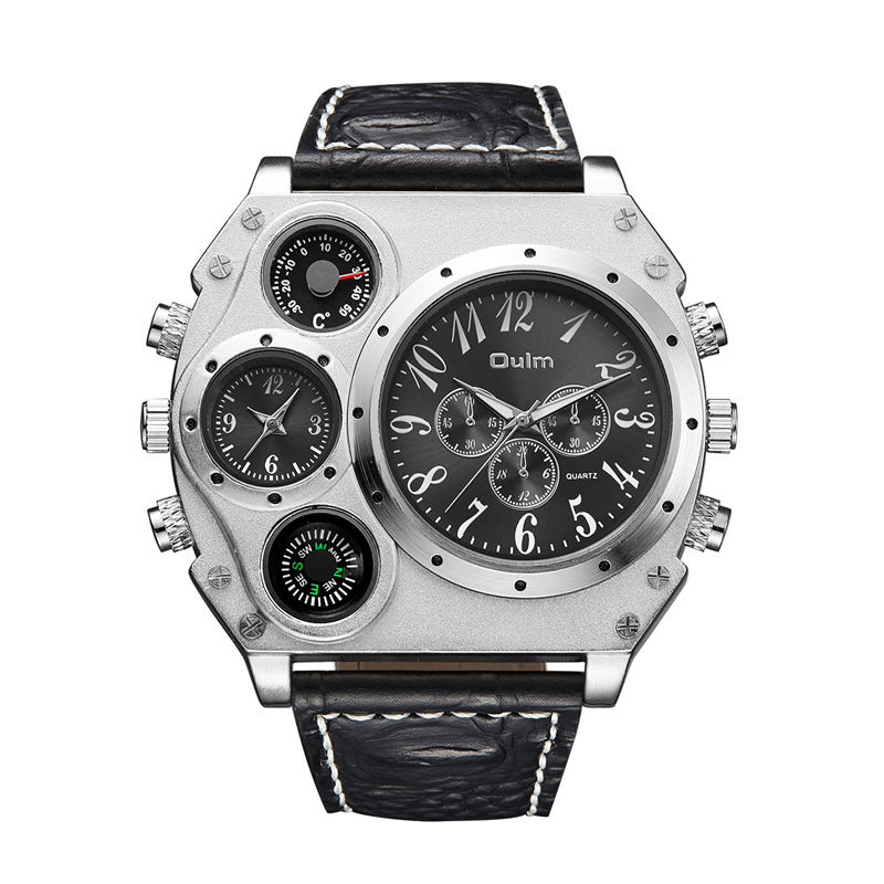Black wristwatch with silver case and detailed face on a white background