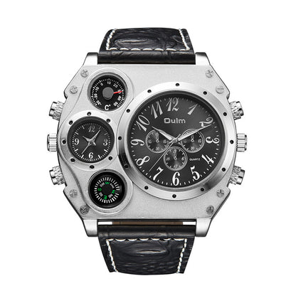 Black wristwatch with silver case and detailed face on a white background
