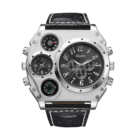 Black wristwatch with silver case and detailed face on a white background
