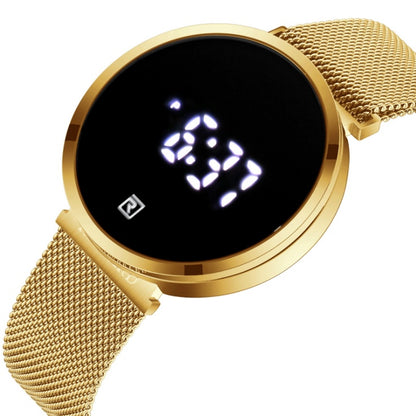 Gold digital watch with a white background