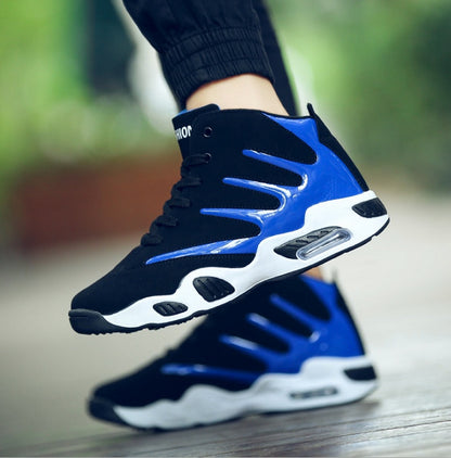 Black and blue sneakers with white soles on a blurred background