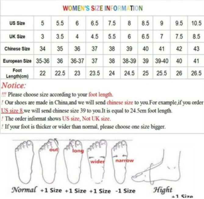 Chart showing size conversions for women's shoes between US, UK, Chinese, and European sizes with foot length measurements.