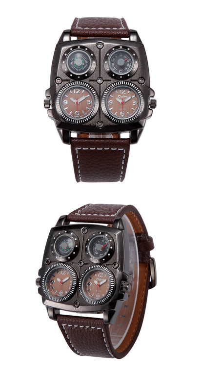 Two brown leather watches with multiple dials on a white background