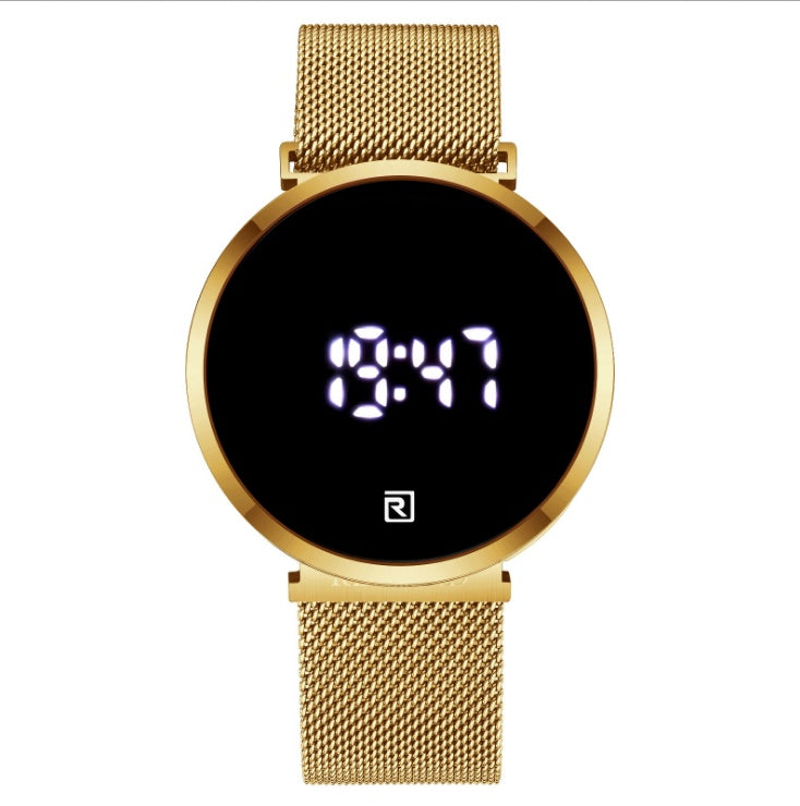 Gold digital watch with a mesh band on a white background