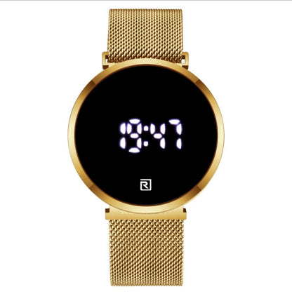 Gold digital watch with a mesh band on a white background